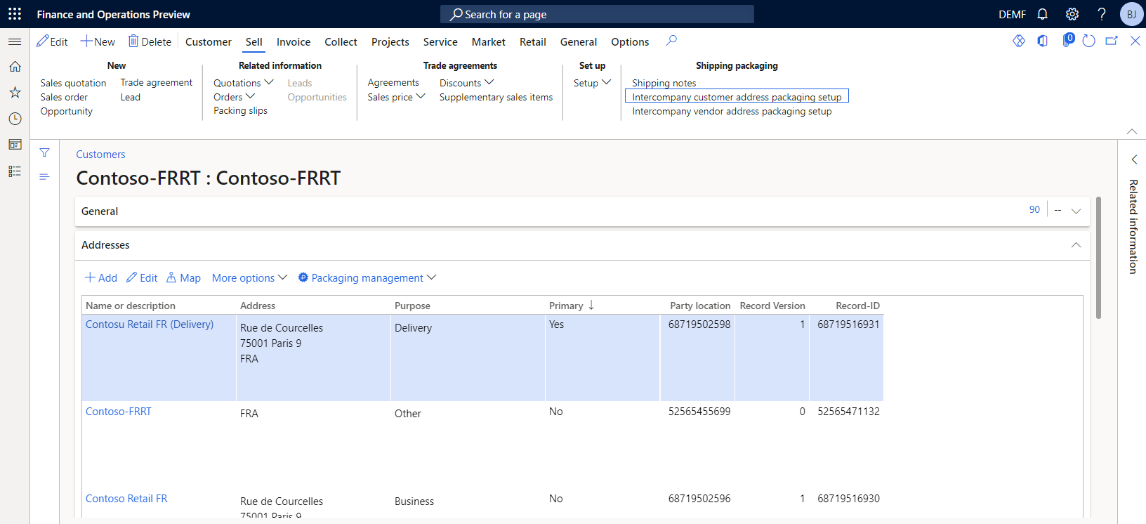 Detailed intercompany customer address packaging setup in company B, for intercompany order to end customer in company A: