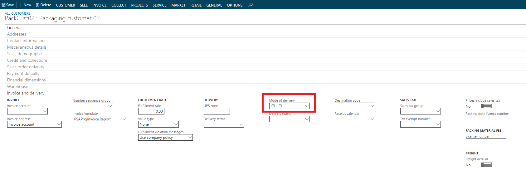 Figure 19: Mode of delivery setup on customer account