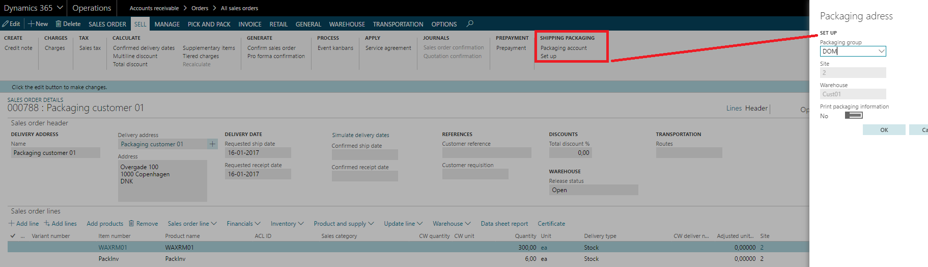 Figure 20: Shipping packaging setup on sales order