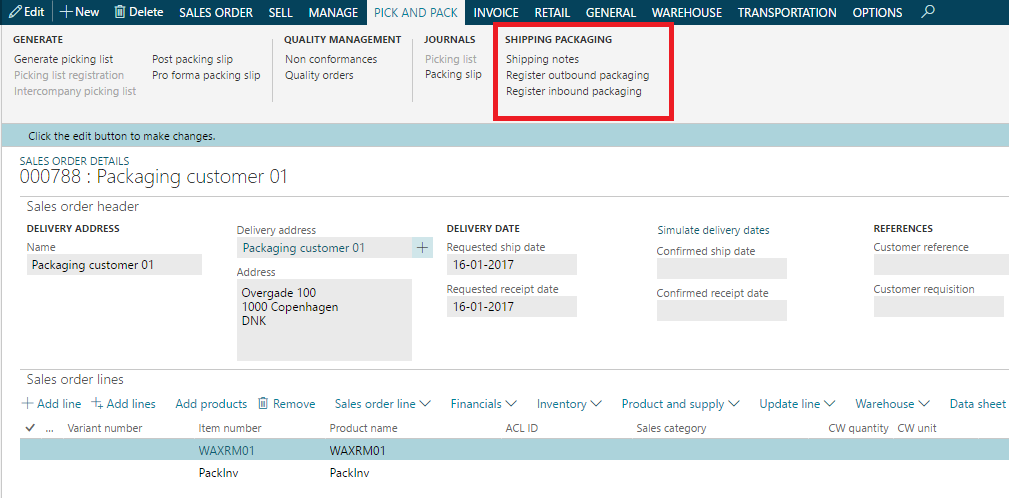 Figure 22: Shipping packaging on a sales order
