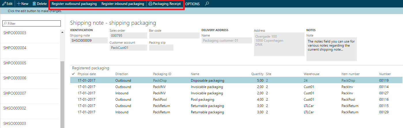 Figure 23: Packaging registration on a shipping note + Print Packaging receipt