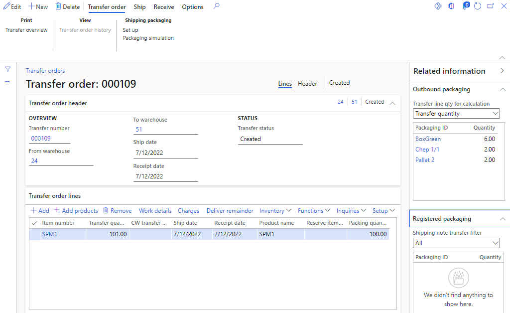 When shipping the transfer order, the calculated type and qty of packaging is shown in the tab page “Outbound packaging” according to qty for the type of update selected. Before updating the shipment including packaging, qty can be changed and packaging Id added or removed manually if needed.