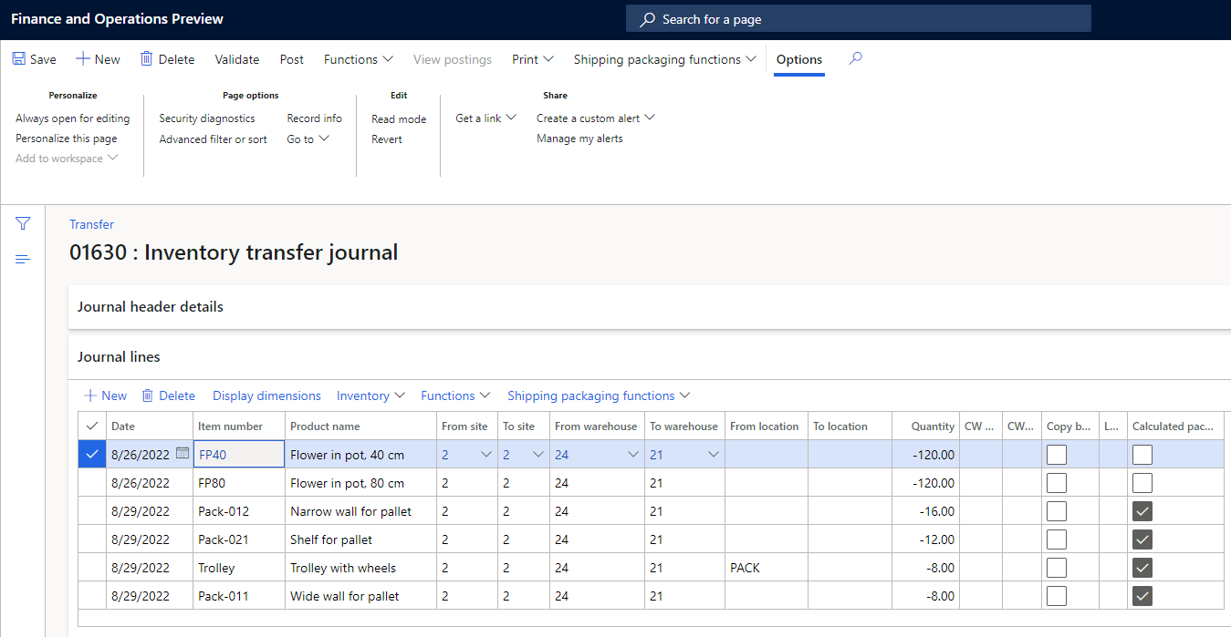 To use the packaging management for transfer journals, it is a requirement that all packaging lines is to be moved to the same site, warehouse combination, otherwise an error will be shown, and the packaging lines will not be created.