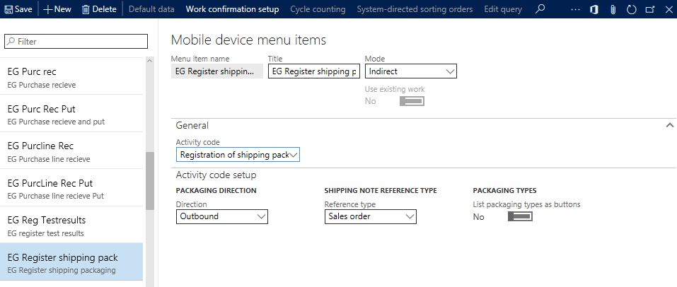 Figure 29: Activity codes on mobile device menu items