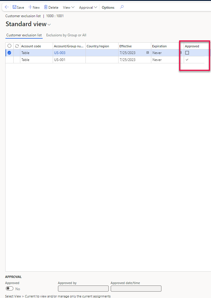Data shown on the tab page [Exclusions by Group or All] is not editable, as this is a visualization of exclusion where the item is part of a Group or All setting.