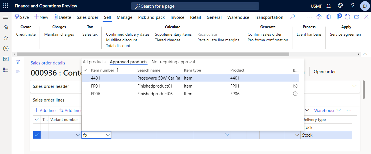 If selecting item FP06 anyway, an error is shown, and creation of the record is being prevented. The error text will show why.
