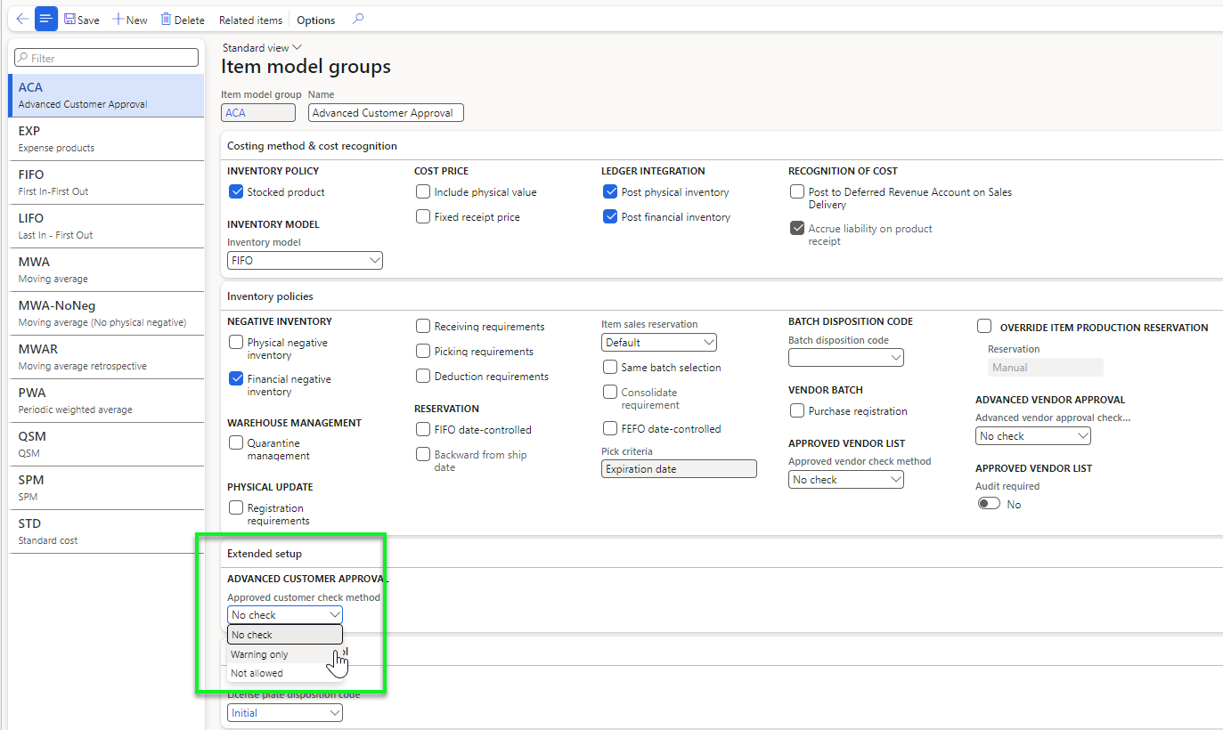 Figure 2: Setup of check method for Approved Customer List on item model group