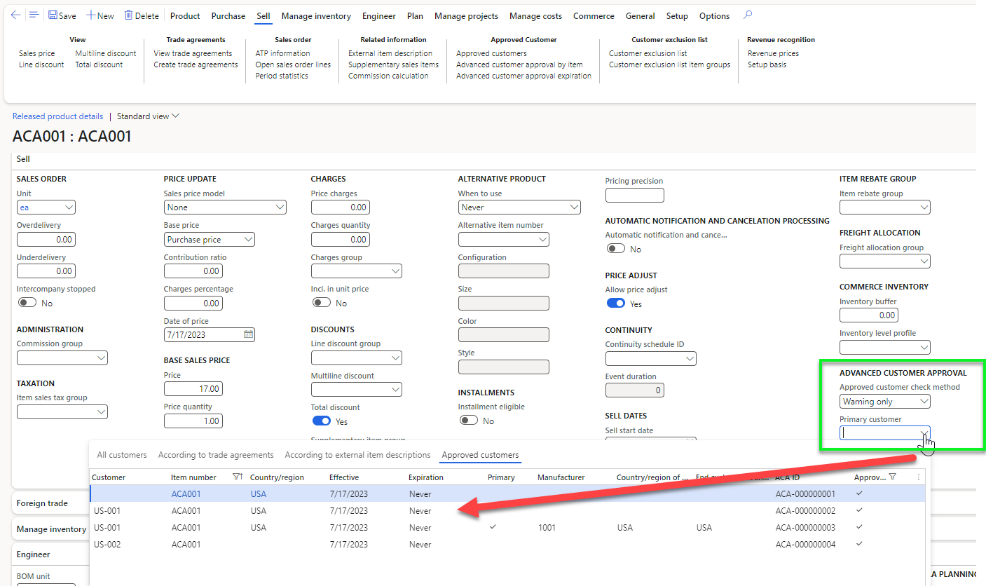 Figure 3: Setup of check method for Approved Customer List on item