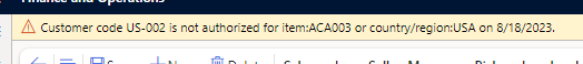 If there is a valid ACA for the customer/item combination but not a ‘Primary’ one, you will have to select one, if you do not select one the flowing message is shown: