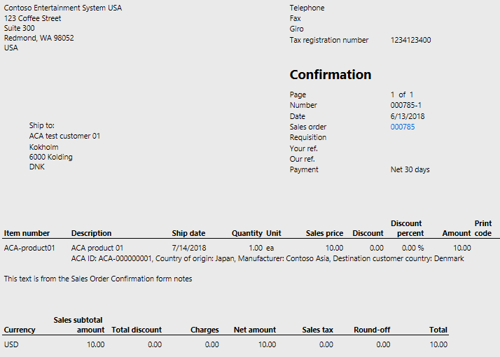 Figure 17: Sales order confirmation including ACA information