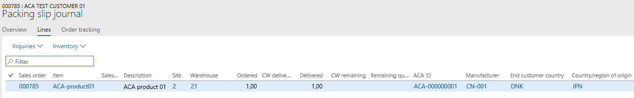 Figure 18: Packing slip journal including ACA information