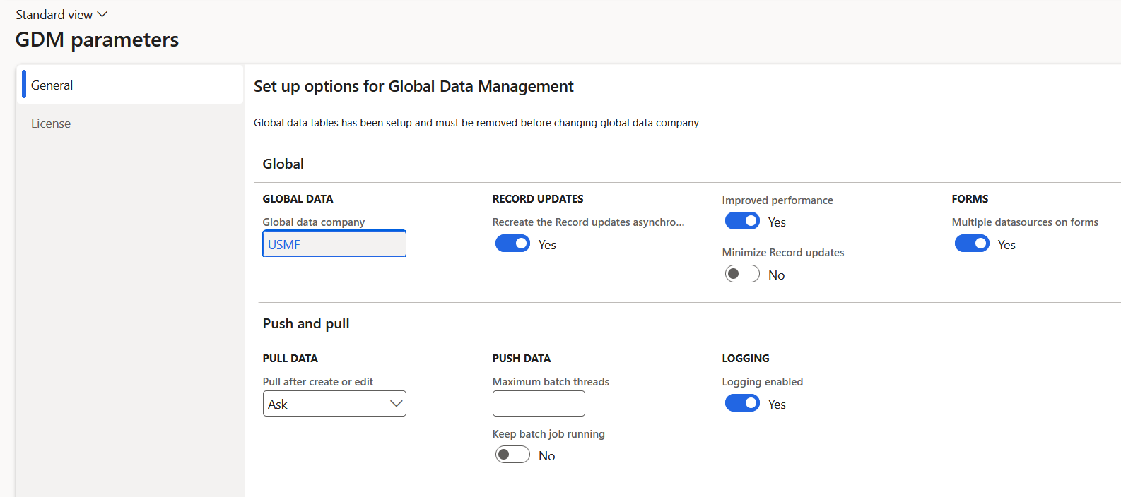 The parameters form is used to define the global company. Click Area Page node: Global data management -> Setup -> Parameters: