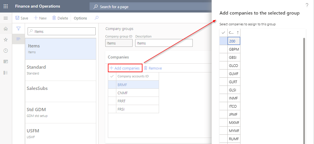 To add companies to a company group, click Add companies on the action pane of the Companies grid. Mark the companies that you want to add to the group and click the Ok button. Companies are then added to the Company group.