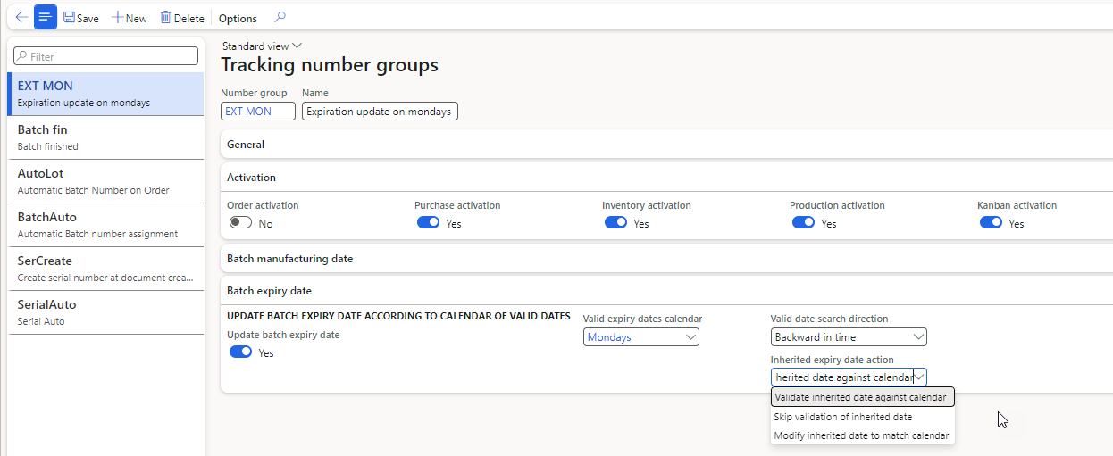 Figure 115: Parameters for update of expiry date during production flow