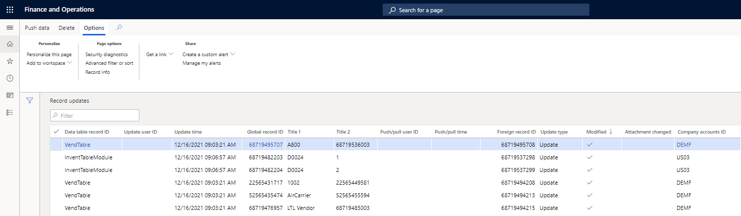 Click Area Page node: Global data management > Inquiries > Record updates