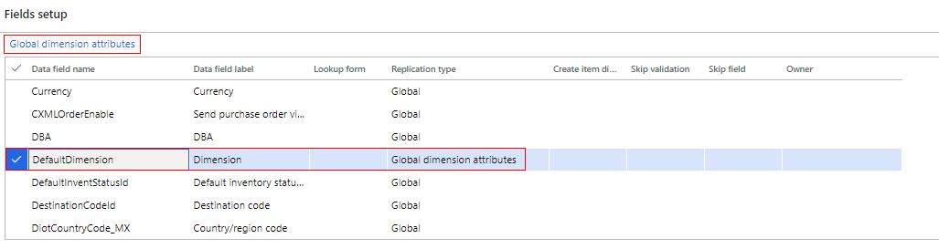 For Data field name DefaultDimension, the Replication type Global dimension attributes may be selected in order to manage which default dimensions for the record to be set from global company, and which to be set in local company. When this Replication type is selected, the Global dimension attributes button is made available: