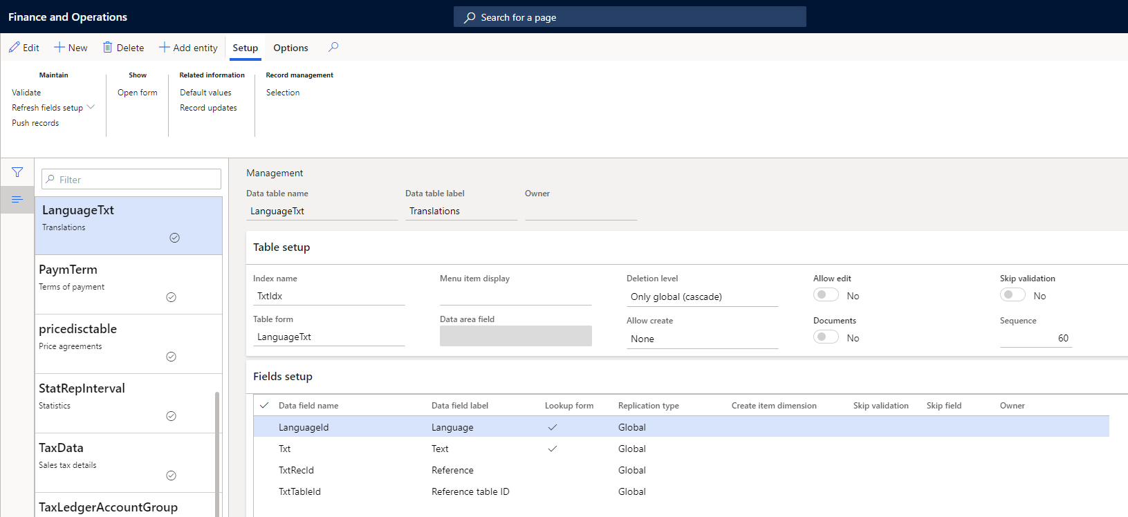 Enter the table LanguageTxt in the Management form.