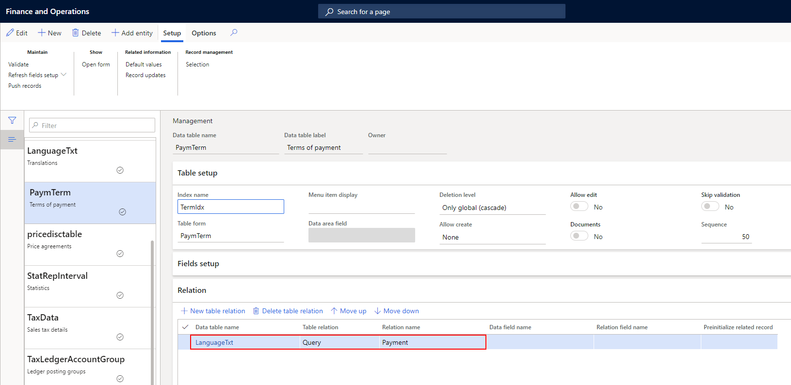On the table PaymTerm make a relation to the table LanguageTxt