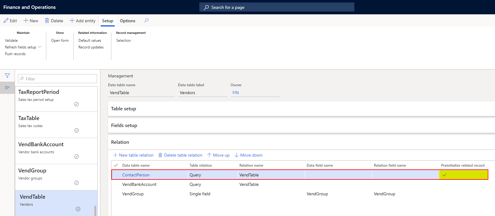 Example: If a Primary contact is specified on a vendor, and this vendor is pushed to a local company for the first time, this Primary contact is required to exist in local company in order for GDM to insert it on the vendor. Due to standard validations, synchronization of this vendor would fail, unless the validation is skipped. This is not always wanted for the entire table, but the Preinitialize related record parameter will solve this issue by skipping the validation for this field only, and then initialize the contact person prior to the vendor, in order to be able to assign it as Primary contact on the vendor once the vendor is created.