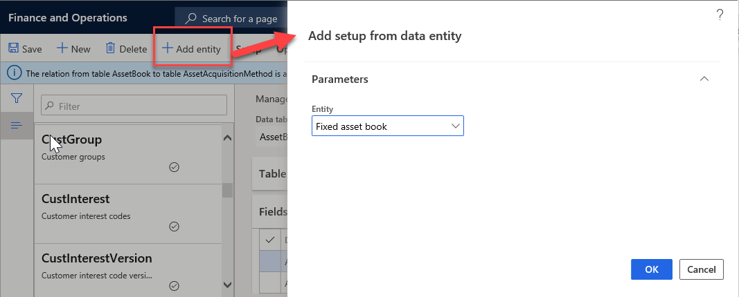 To create a data table with relations and related data tables from an entity go to: Global data management >Common > Management and press the Add entity button to choose an entity.