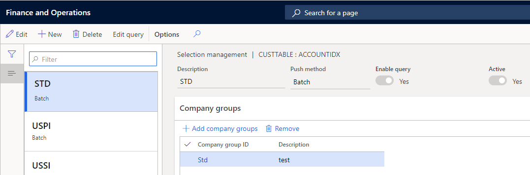 The selection management form is used to set up conditions of data synchronization with various companies.