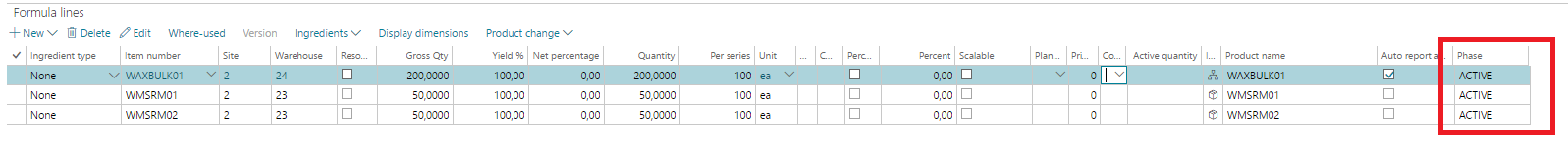 Figure 6: Product lifecycle phases on BOM lines