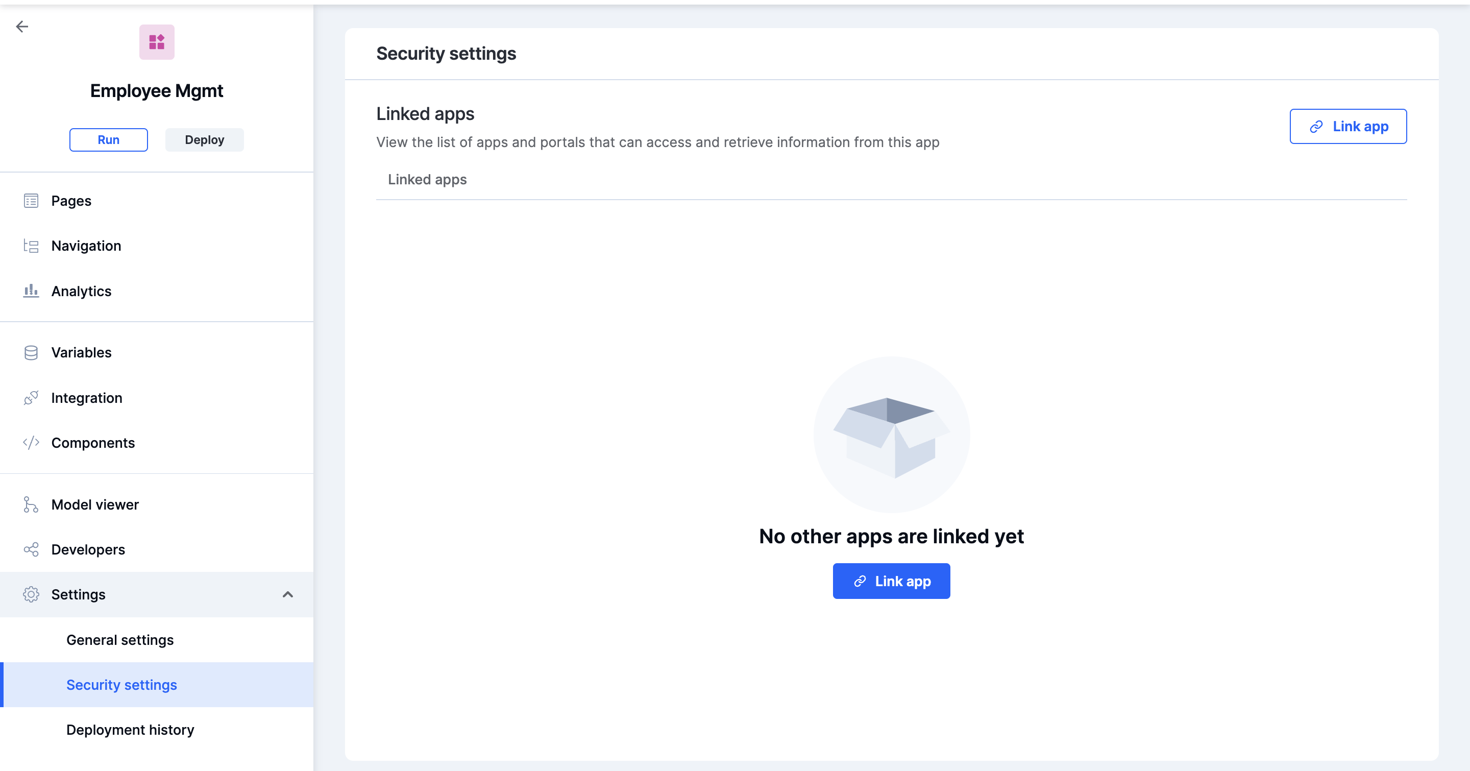 Security settings page where you can link other apps