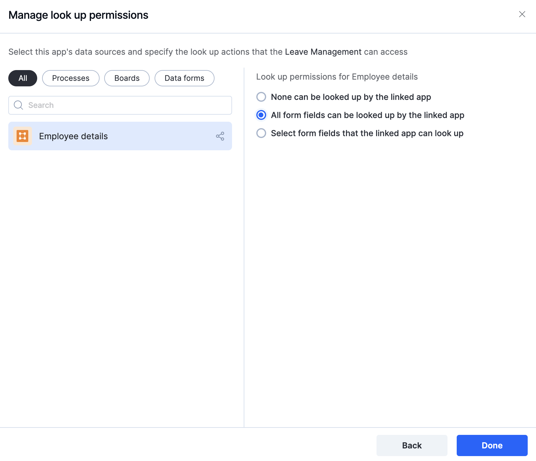 The Manage lookup permissions page with three different levels of permissions for app linking
