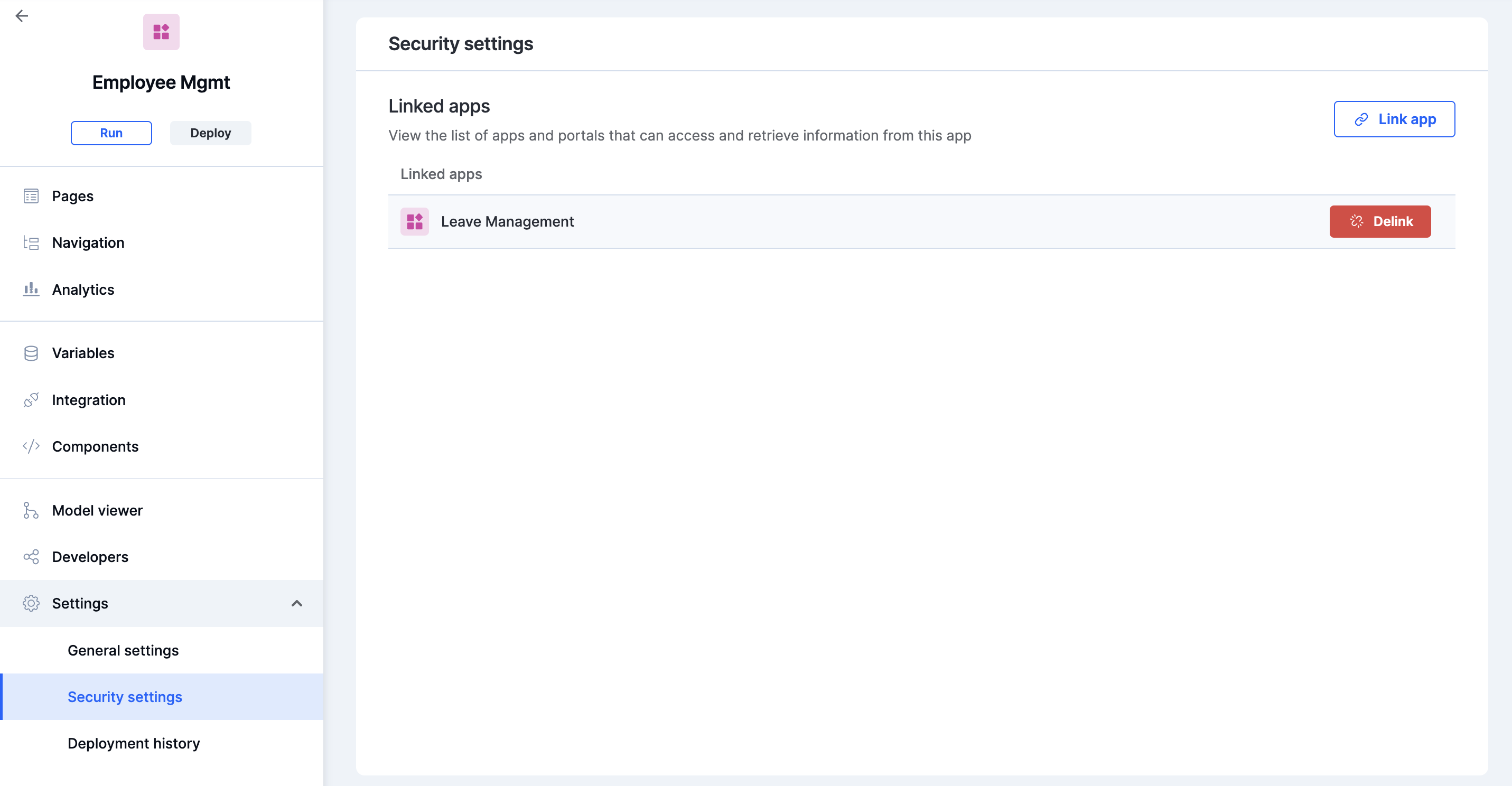 Security settings page with the Delink option highlighted