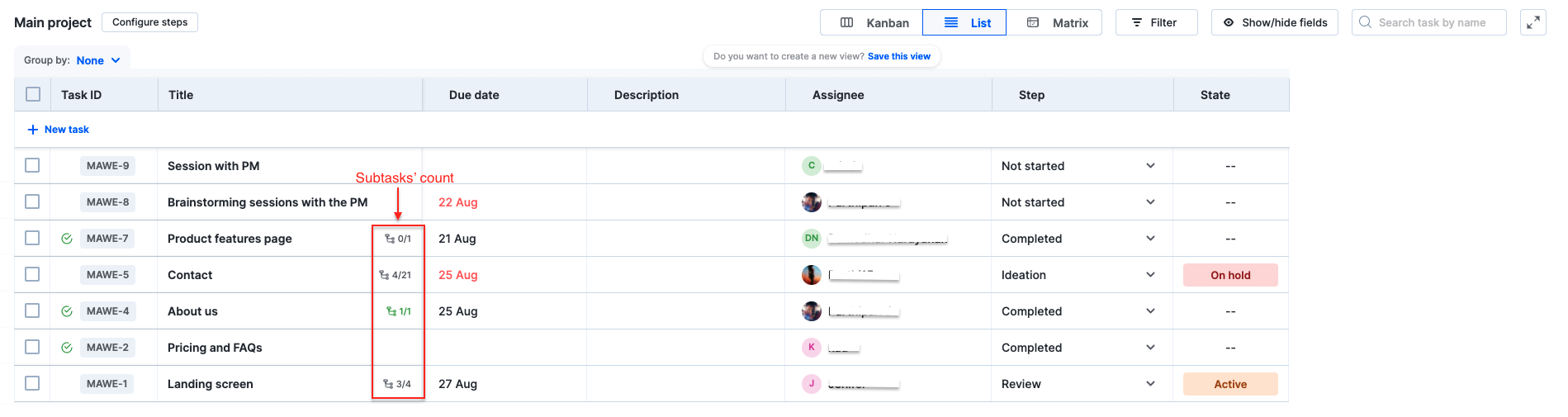 subtask grid view