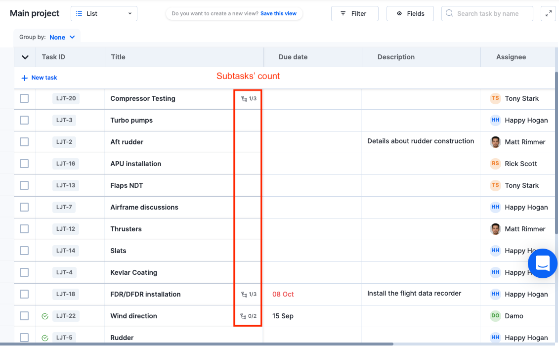 subtask grid view