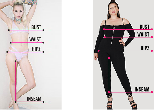 Photo illustrating where to measure for bust, waist, hip, and inseam.