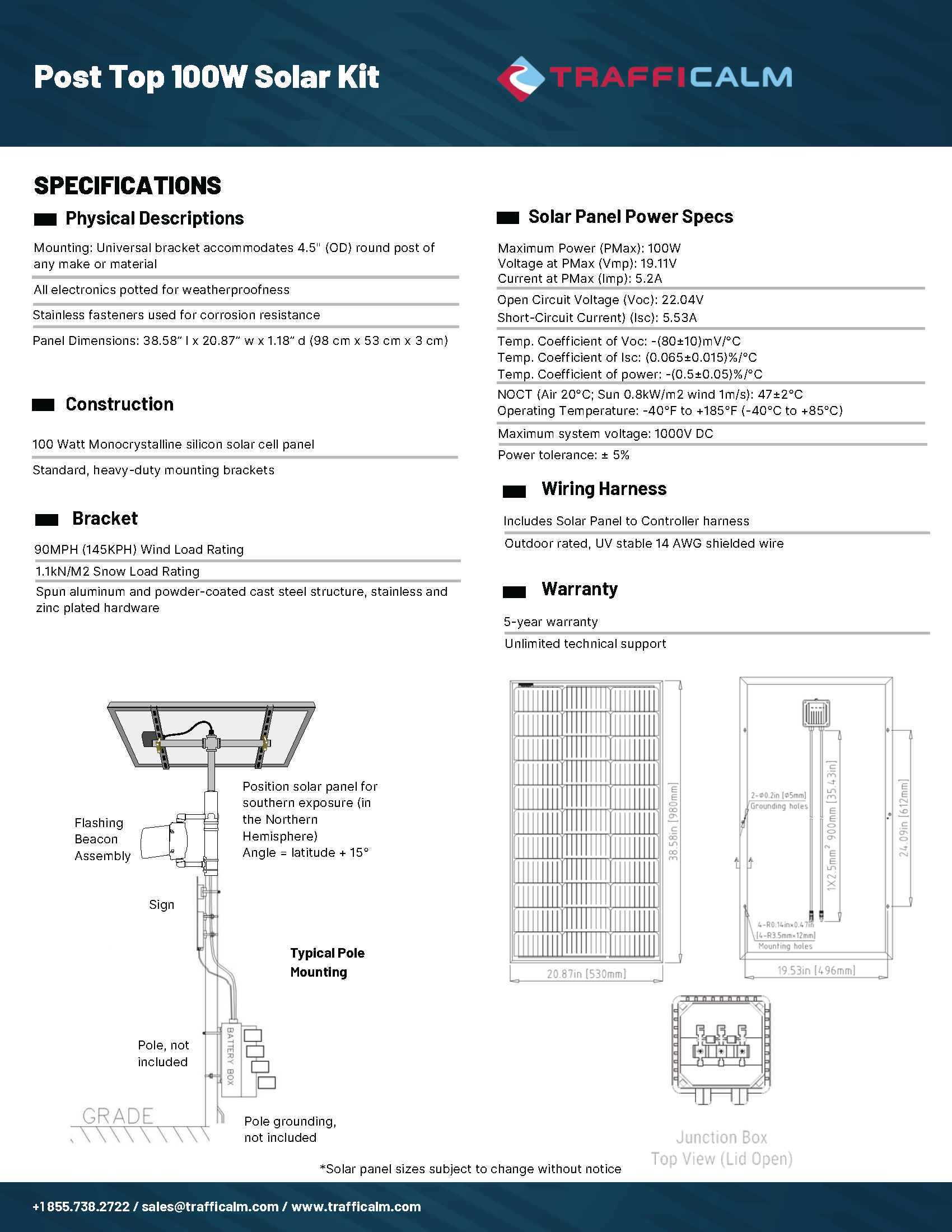 100 Watt Solar Panel Top of Pole data sheet