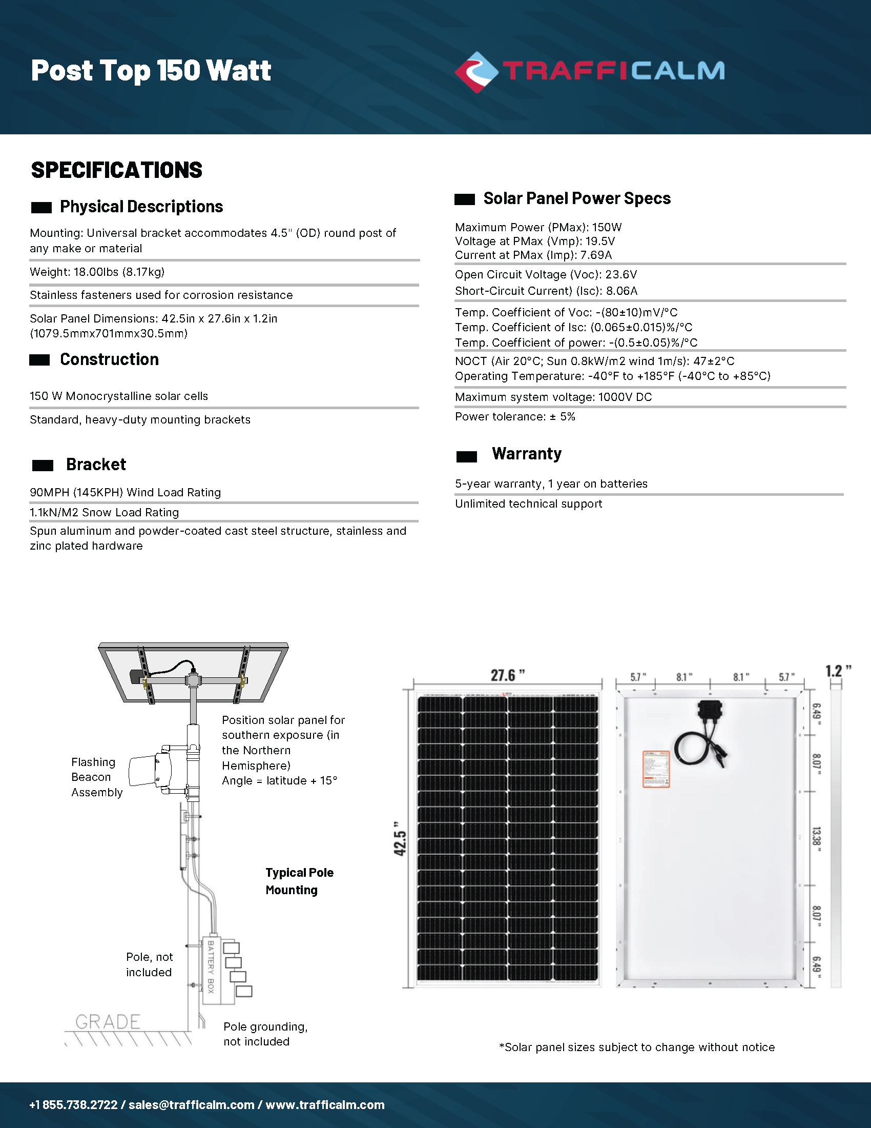 150 Watt Solar Panel Top of Pole Data sheet