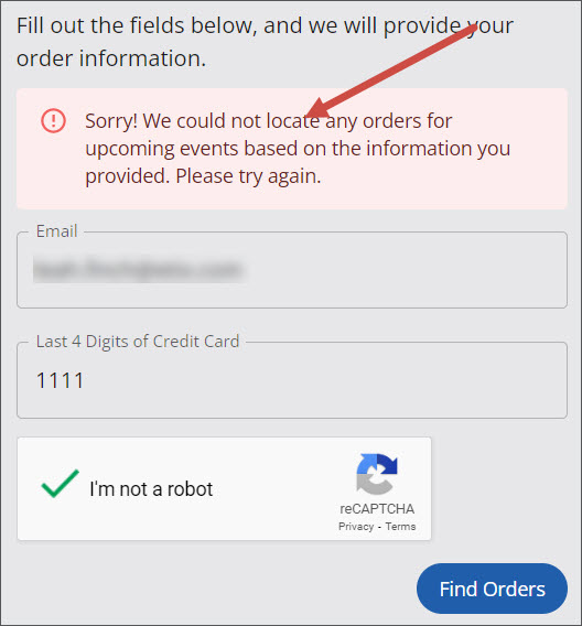Order Not Found Error Message.