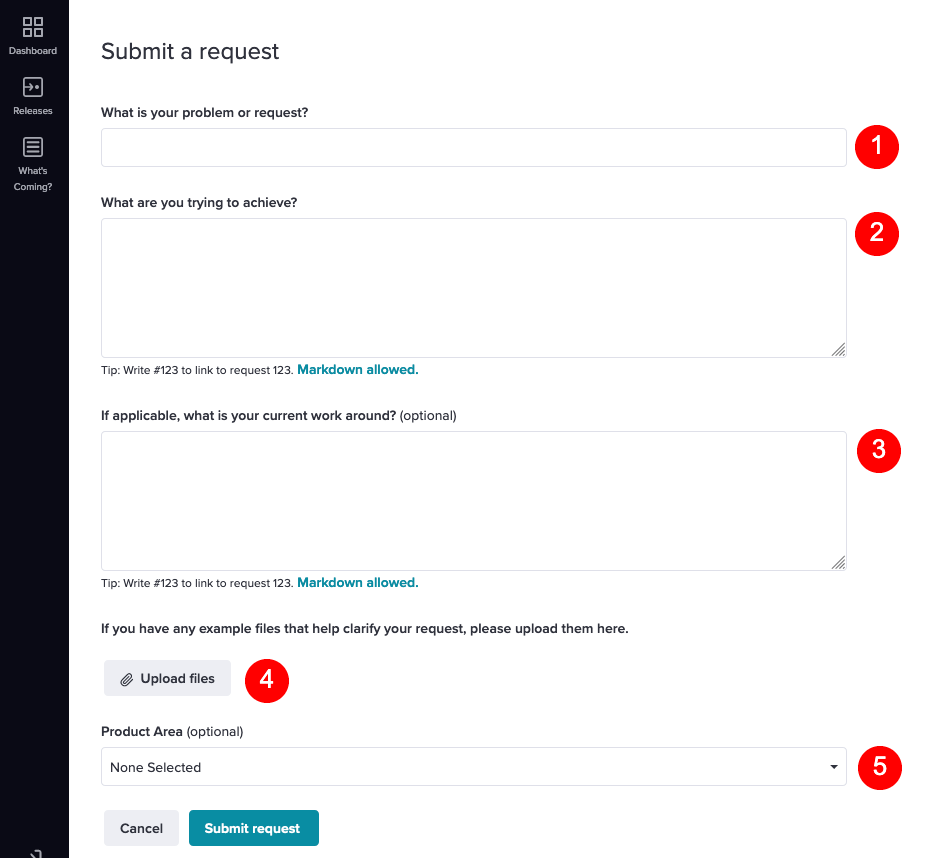 screen shot of request a feature submission form with fields numbered 1 through 5
