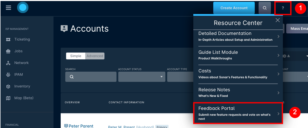 screen shot of Sonar's resource center with Feedback Portal circled