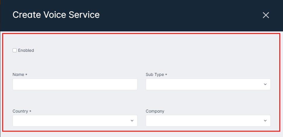 Create Voice Service Window - Name & Type Section