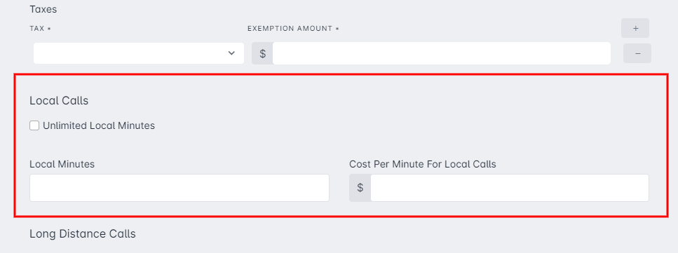 Create Voice Service Window - Local Calls