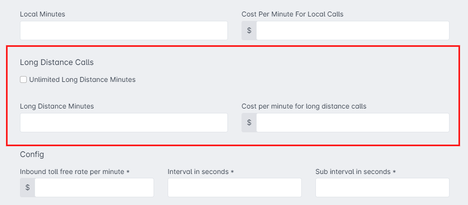 Create Voice Service Window - Long Distance Calls