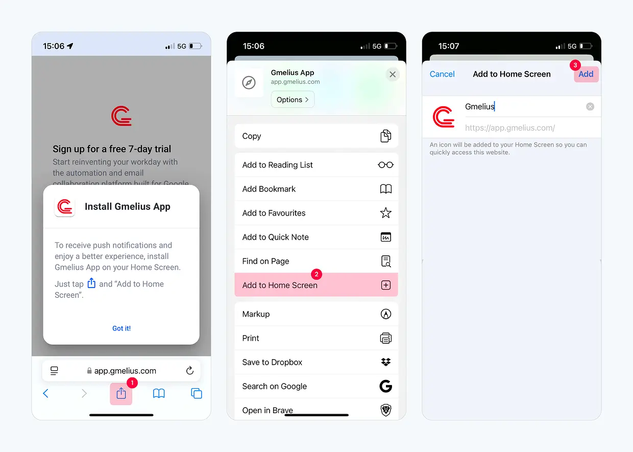 Install Gmelius PWA on a mobile phone