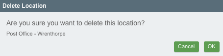 The confirmation pop-up shows the name of the location selected to be deleted.