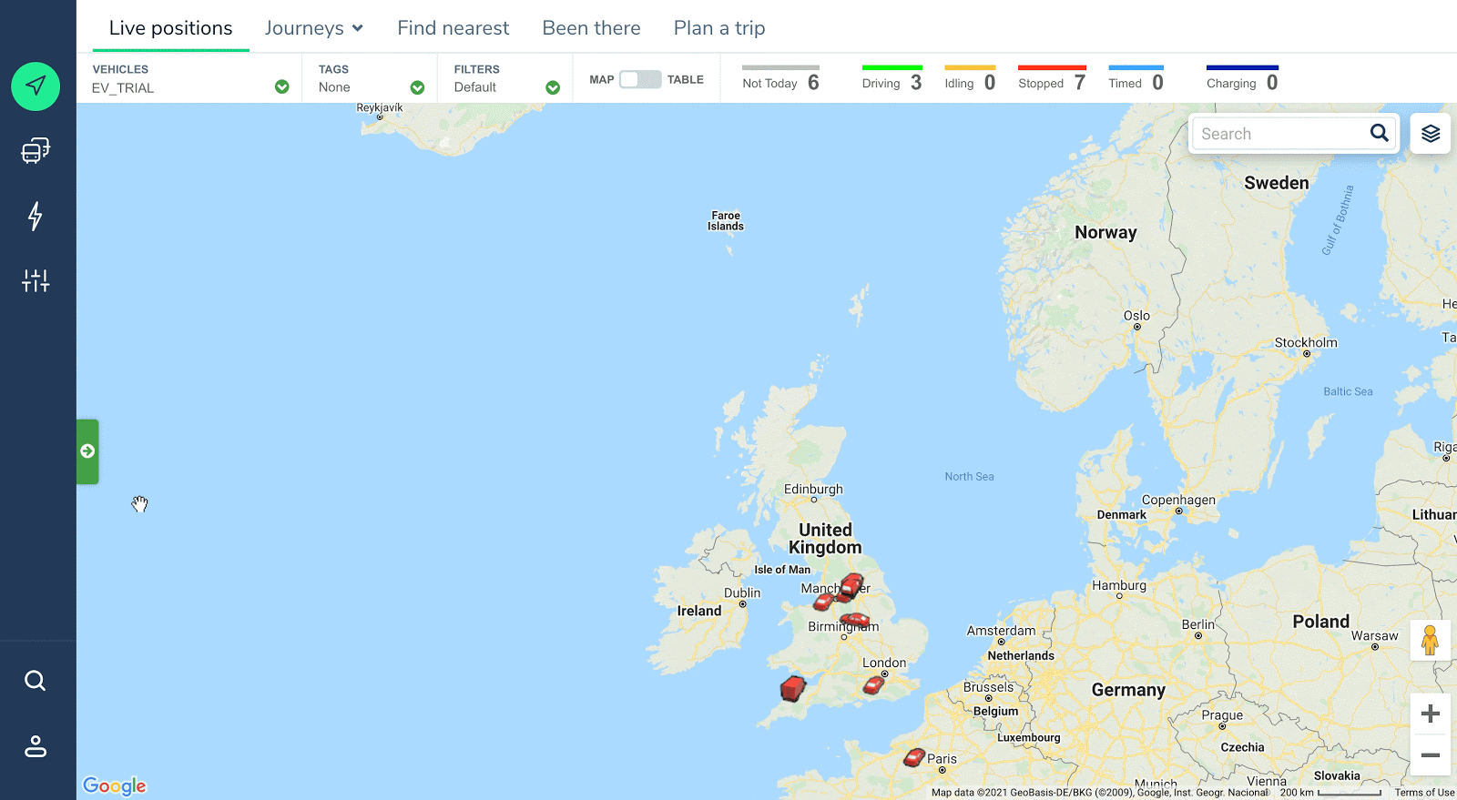 The vehicle list panel is opened and closed from the map view. 