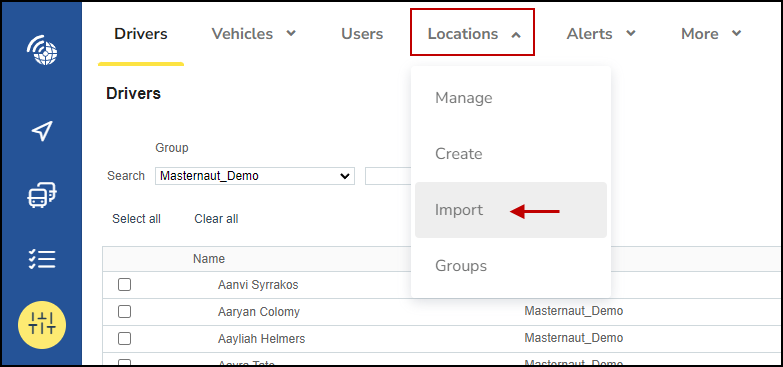 Import Location allows multiple locations to be added to Masternaut Connect at the same time