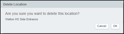 The confirmation pop-up shows the name of the location selected to be deleted.
