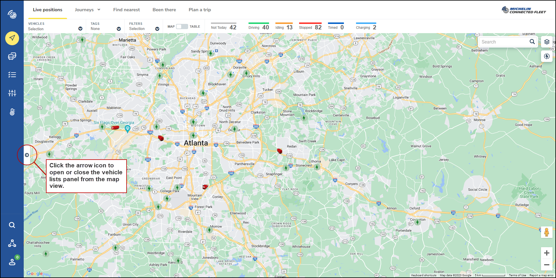 The vehicle list panel is opened and closed from the map view. 