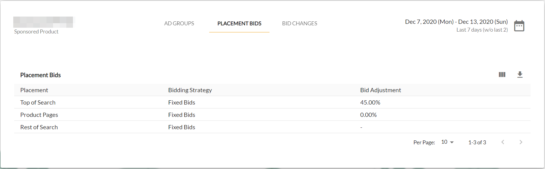 Screenshot of placement bid settings inside of Ad Badger software.