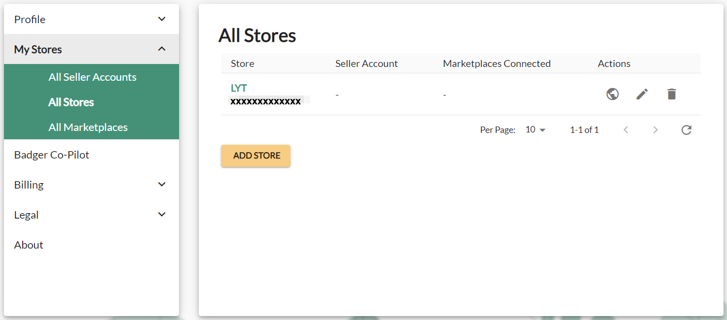 Screenshot of All Stores page in Ad Badger settings.