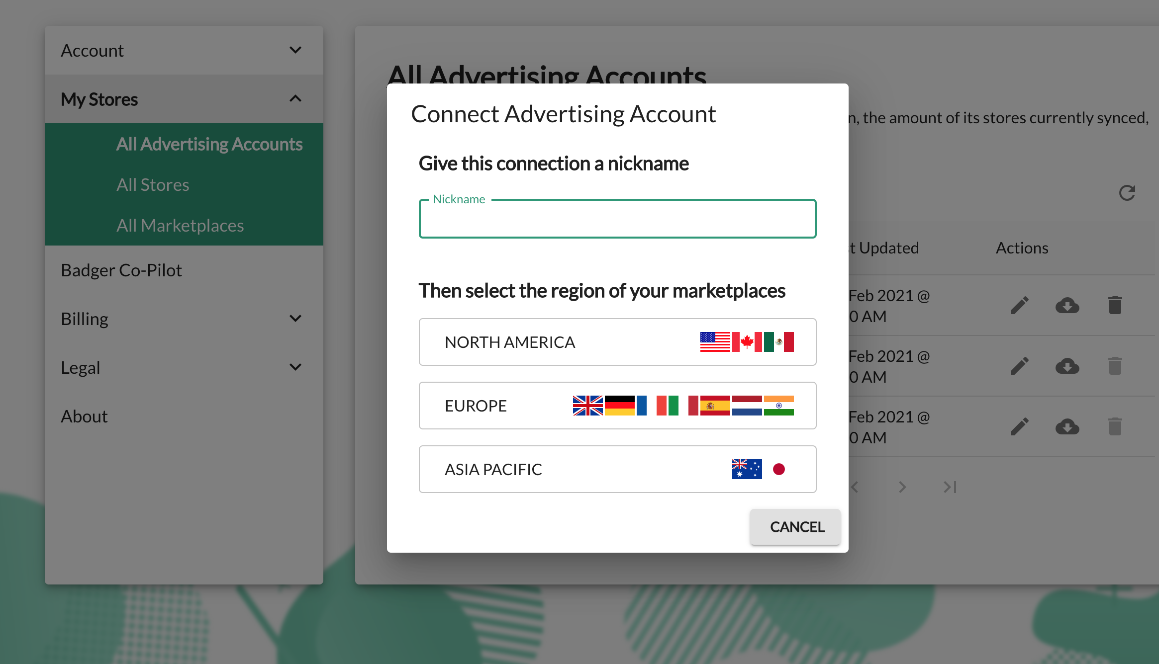 A popup showing how to connect your Amazon Advertising account to Ad Badger.