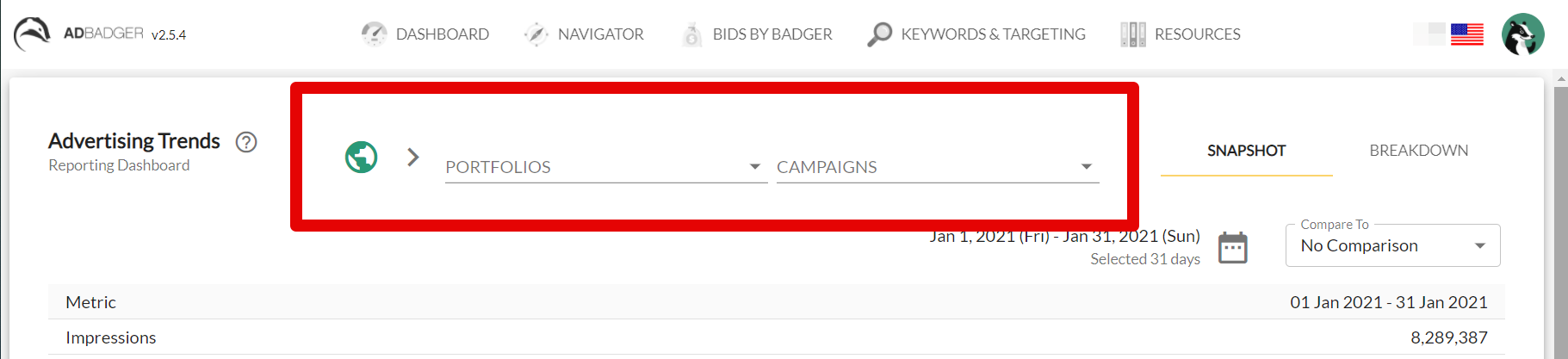 A screenshot of the SuperSearch feature inside of the Ad Badger Advertising Trends Report.
